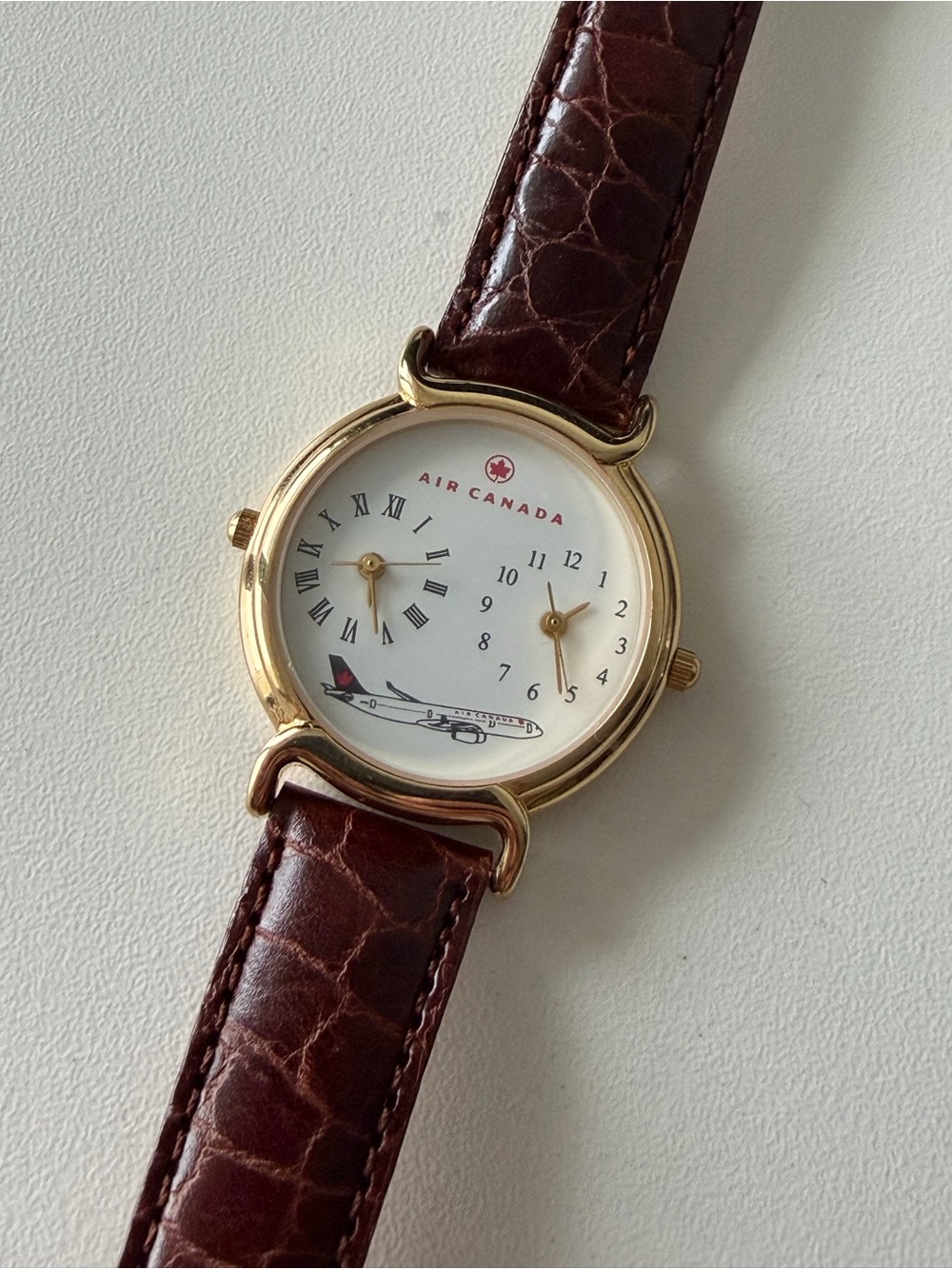 Air Canada Dual Time Gold-Tone Watch with Brown Leather Strap